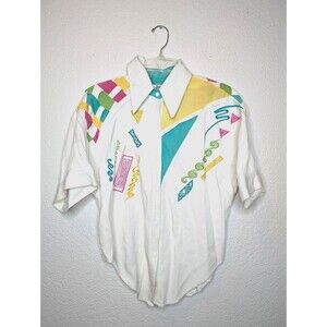 Vintage 80s Womens Western Shirt Sz S Geometric Print Neon Tapered Hem